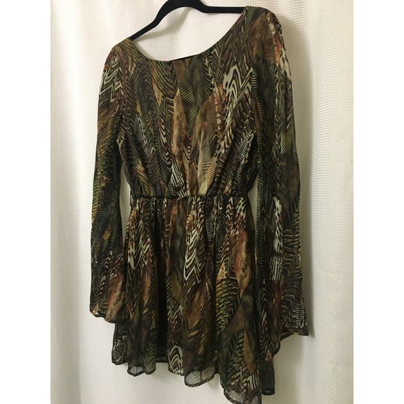 Agaci Womens Tunic Top Mini Dress Medium Bell Slv Chiffon Lined Green Brown D4 - Picture 4 of 8